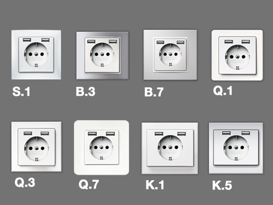 Varianten der USB Ladesteckdose für die Designlinien Berker S.1, B.3, Q.1, Q.3, Q.7, B.7, K.1 und K.5.
